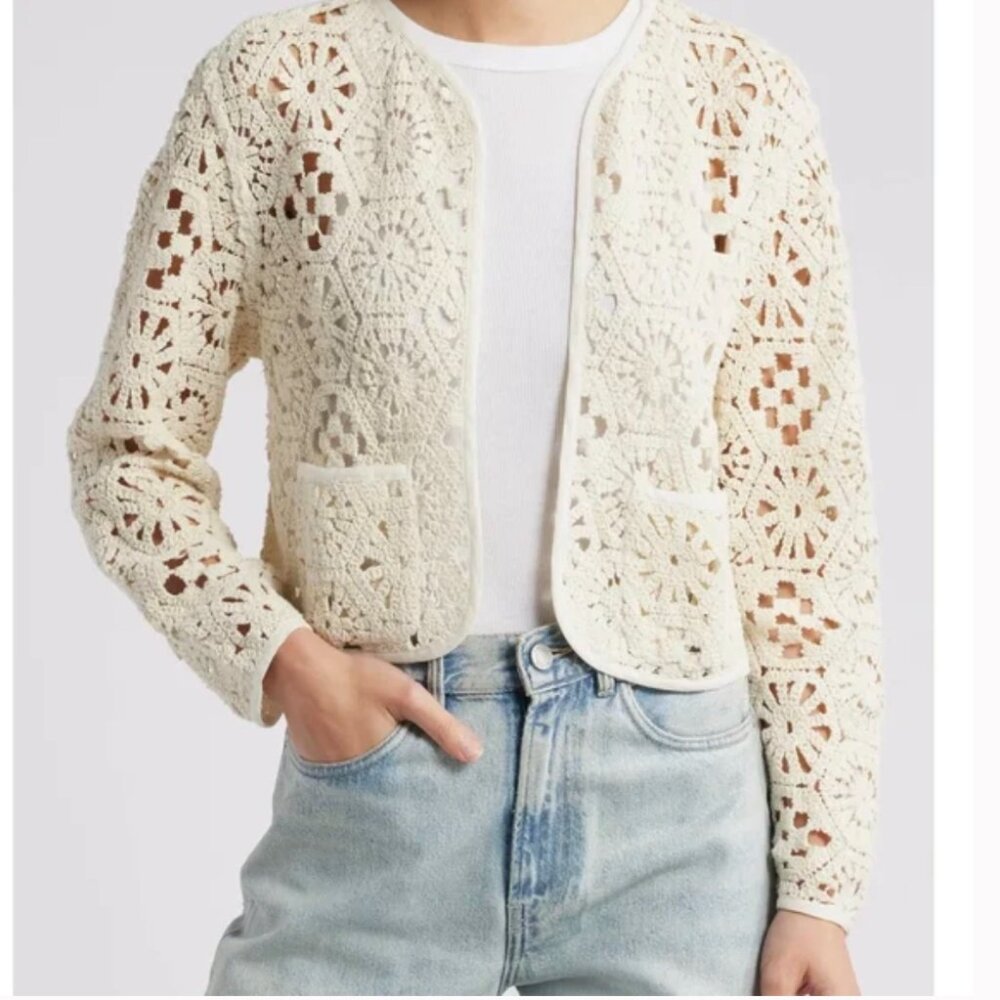 Treasure & Bond Ivory Crochet Knit Open Front Jacket Size 2X